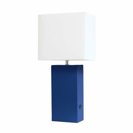 FEELTHEGLOW Modern Leather Table Lamp with USB & White Fabric Shade, Blue FE2519841